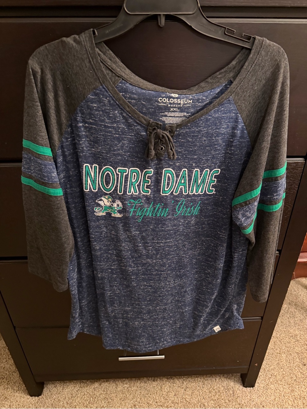 Colosseum Women's Lace-Up Notre Dame Tee - Navy with Gray & Green